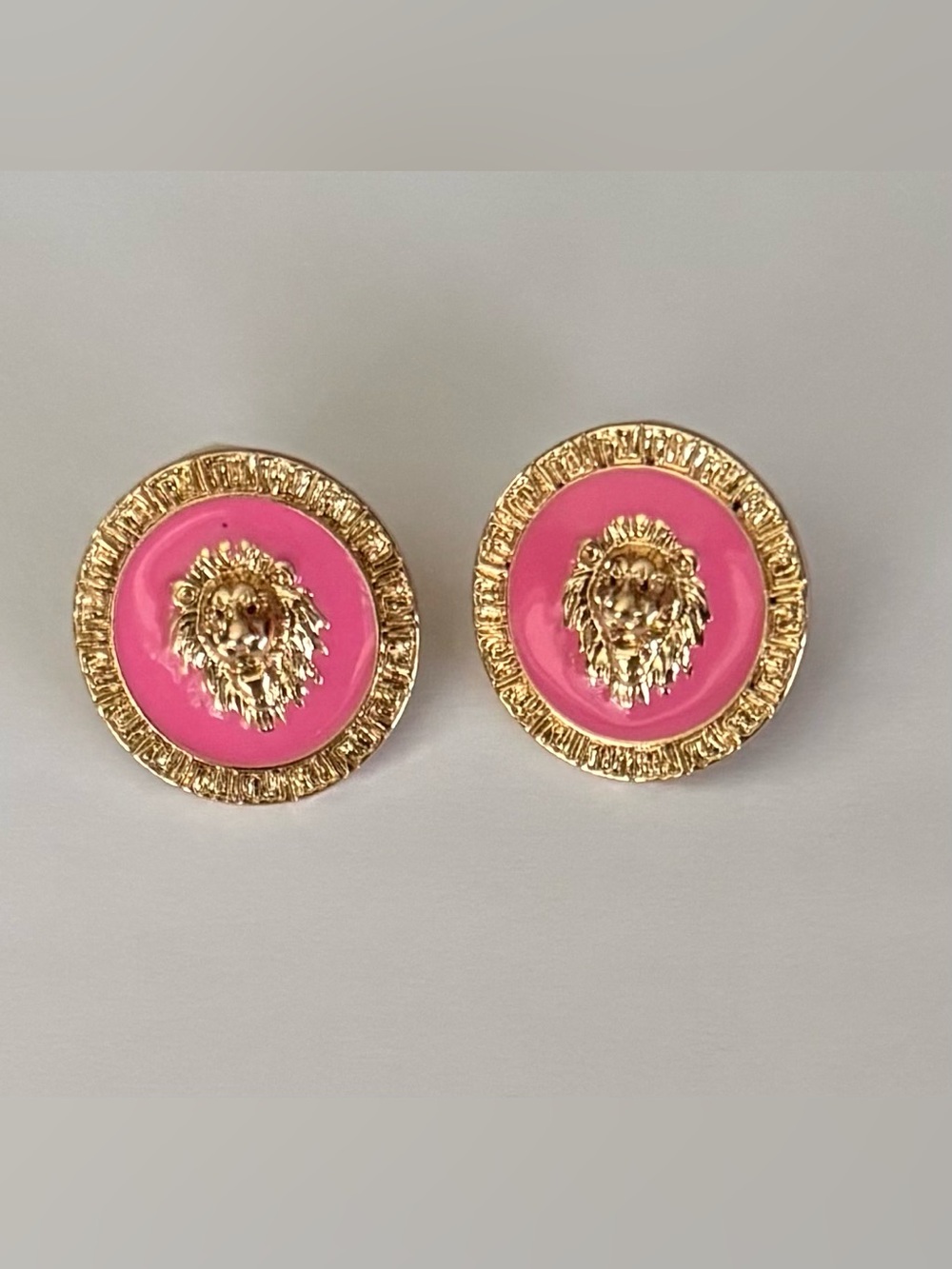 Gold Lion Head Pink Enamel Button Earrings - Women's Jewelry
